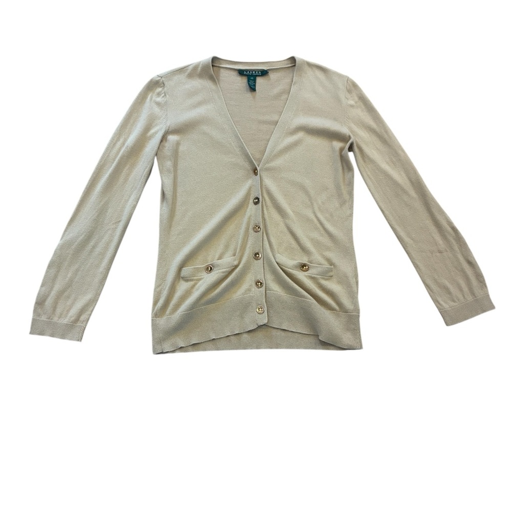 Lauren Ralph Lauren Beige Cotton Cardigan Gold Logo Buttons V-Neck Old Money XS